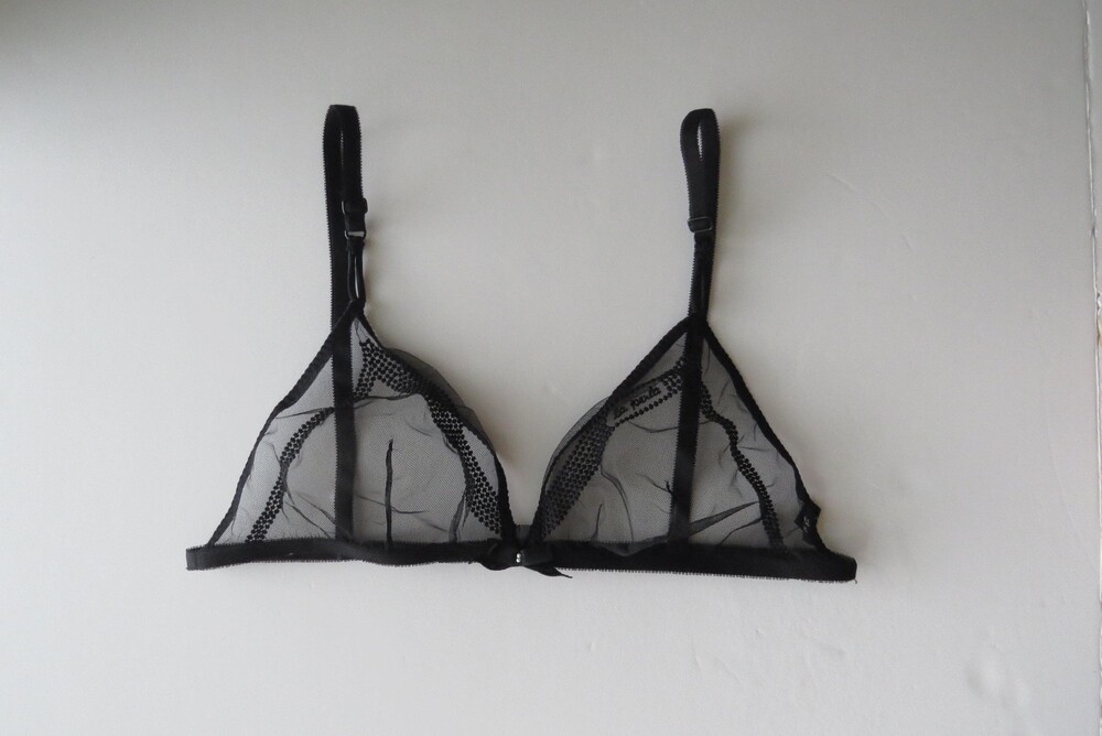 Vintage La Perla Sheer Black Tulle Bralette, 2000s Triangle Embroidered Logo, Ma
